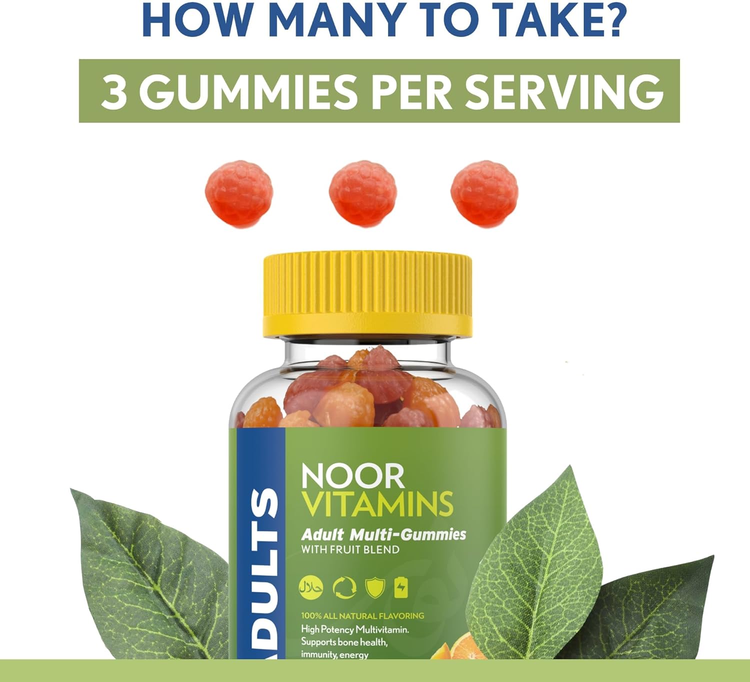 Noor Vitamins Gomitas Multivitamínicas Halal para Adultos con Mezcla de Frutas Orgánicas - 90 Unidades