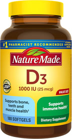 Nature Made Vitamin D3 1000 IU (25 mcg) - Supplement for Bone, Teeth, Muscle & Immune System Support - 100 Softgels