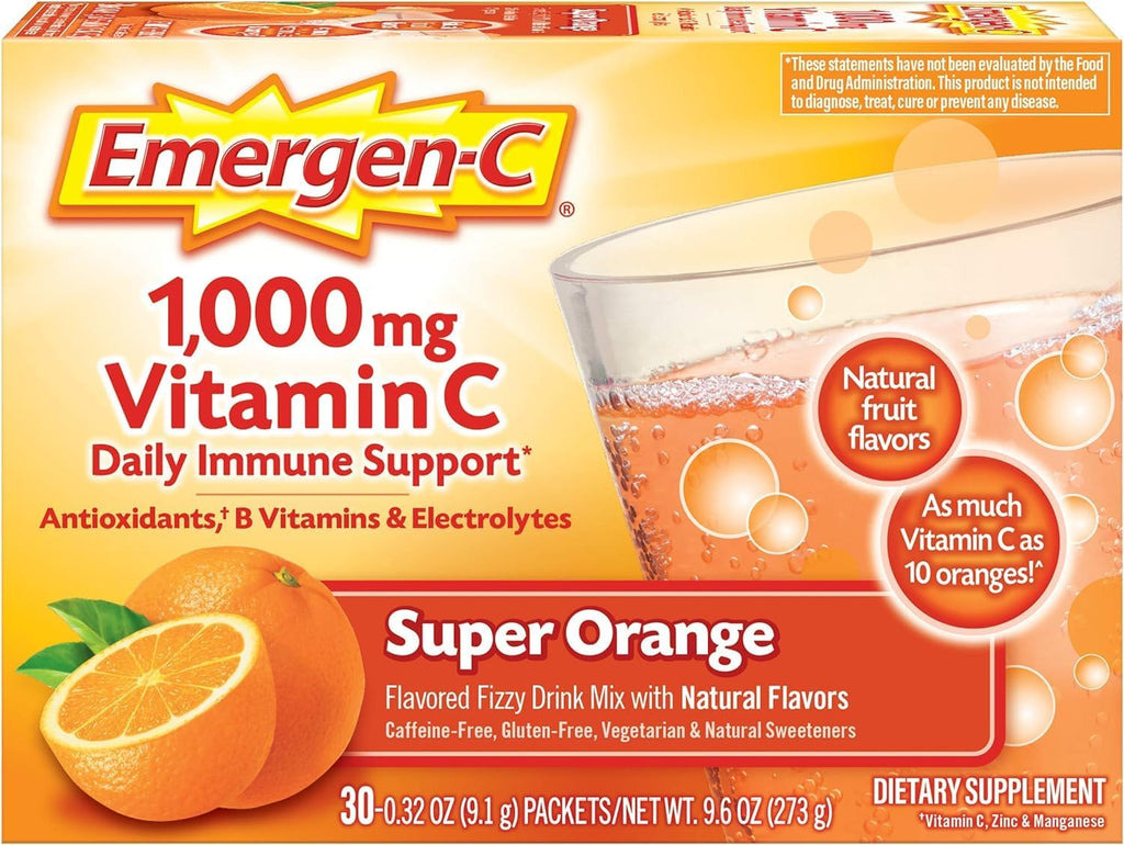 Emergen-C 1000 mg Vitamina C en Polvo Sabor Naranja Super, 30 Sobres