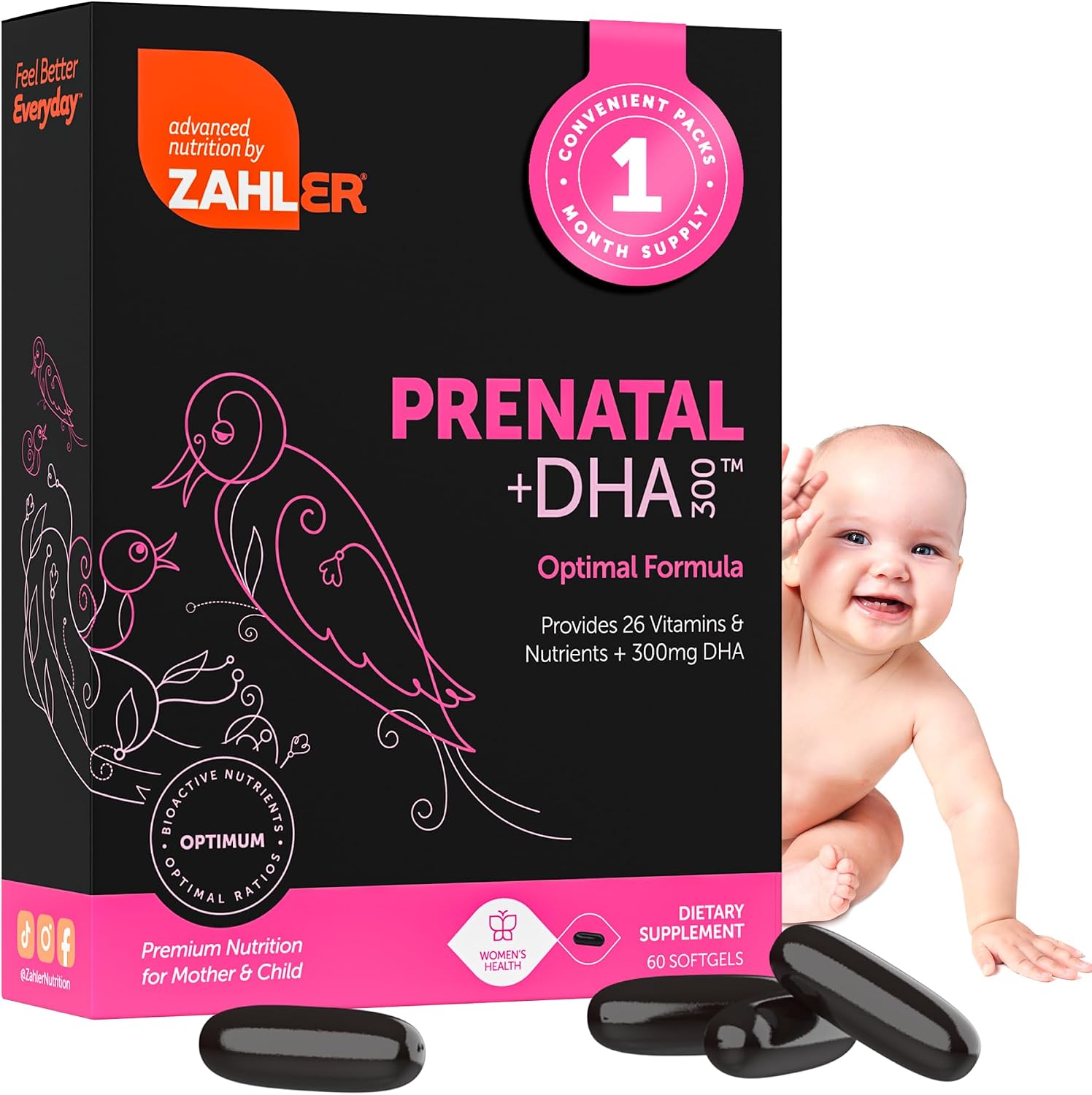Zahler Prenatal +DHA 300 - Vitaminas prenatales con folato metilado y DHA - 120 cápsulas blandas
