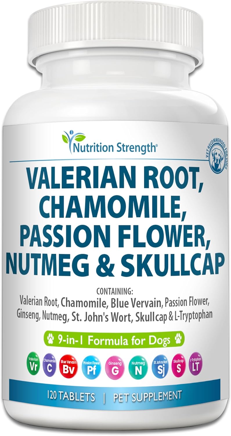 Nutrition Strength 9-en-1 Valeriana para Perros 200mg, Manzanilla 160mg, L-Triptófano y Hierbas para Estrés y Calma, 120 Comprimidos