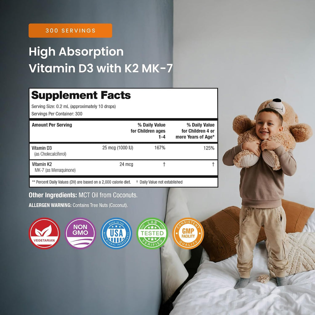 NutraChamps Kids Vitamin D3 K2 Drops - Gotas de Vitamina D3 y K2 MK-7 para Niños, 1000 UI, 300 Servicios