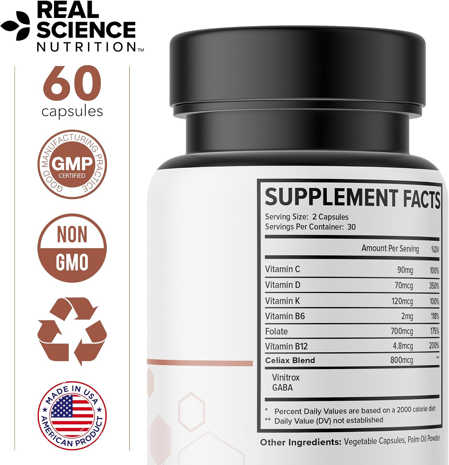 Real Science Celi-Act – Complemento para la Salud Digestiva con Vinitrox y GABA, 60 Cápsulas