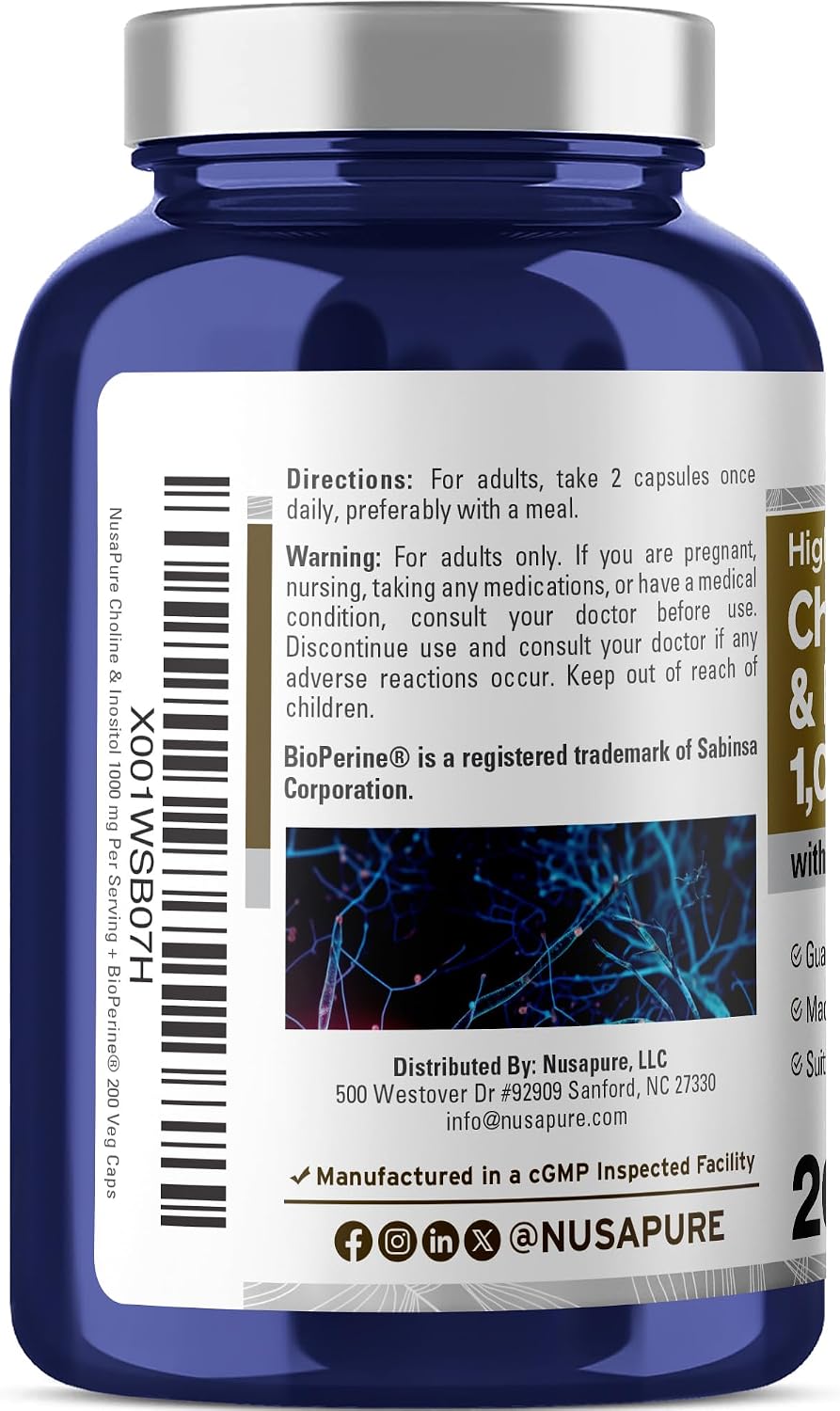 NusaPure Choline & Inositol 1000mg - 200 Cápsulas Vegetales