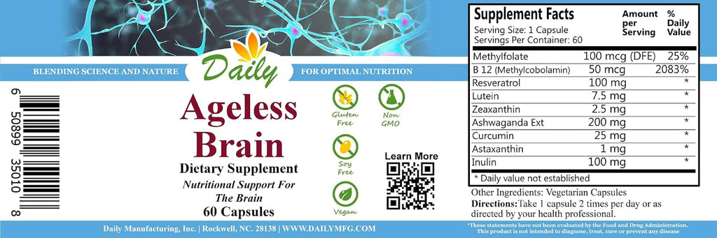 Daily Manufacturing Ageless Brain™ (Metilfolato, B12, Resveratrol, Luteína, Zeaxantina, Ashwagandha, Curcumina, Astaxantina e Inulina) - 60 Cápsulas