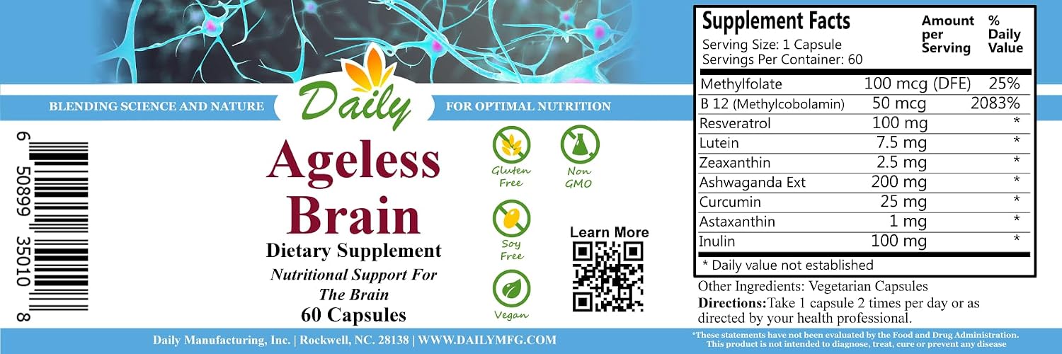Daily Manufacturing Ageless Brain™ (Metilfolato, B12, Resveratrol, Luteína, Zeaxantina, Ashwagandha, Curcumina, Astaxantina e Inulina) – 60 Cápsulas Vegetales