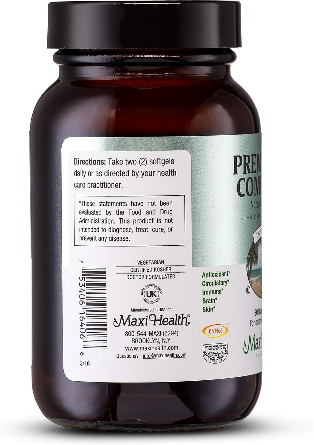 Maxi Health Premium E Complete - 200 UI de vitamina E natural - Sin sintéticos - 60 cápsulas - Sin gluten y Kosher