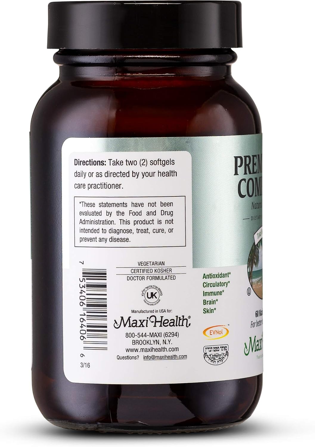 Maxi Health Premium E Complete - 200 UI de vitamina E natural - Sin sintéticos - 60 cápsulas - Sin gluten y Kosher