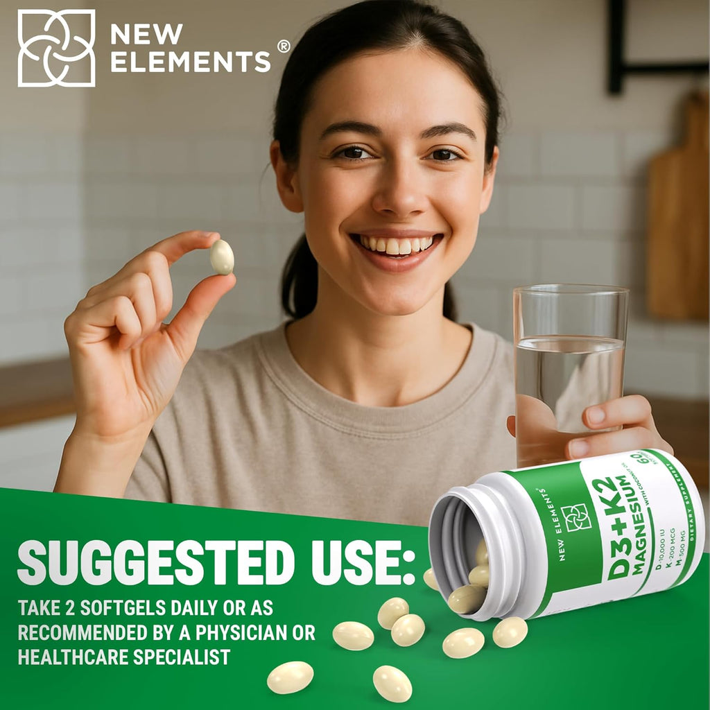 New Elements Vitamina D3 K2 10.000 UI con Magnesio Glicinato 500mg - 60 Cápsulas Blandas