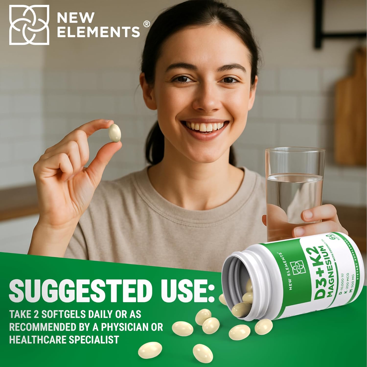 New Elements Vitamina D3 K2 10.000 UI con Magnesio Glicinato 500mg - 60 Cápsulas Blandas