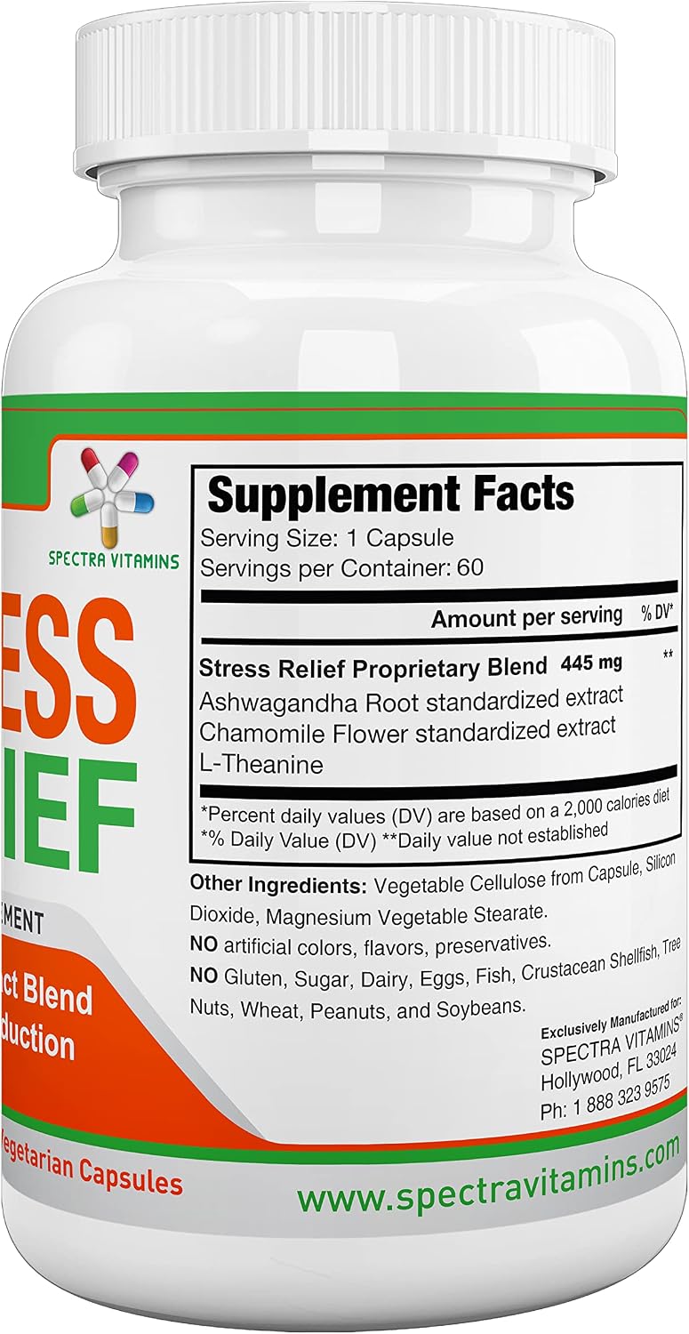 Spectra Vitamins Stress Relief - Suplemento para el estrés con Ashwagandha, L-Teanina y Manzanilla, 60 cápsulas