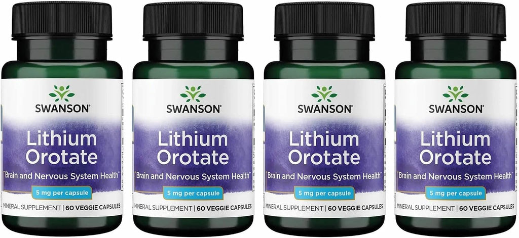 Swanson Orotato de Litio - 5 mg de Litio Elemental - 60 Cápsulas Veganas (Pack de 4)