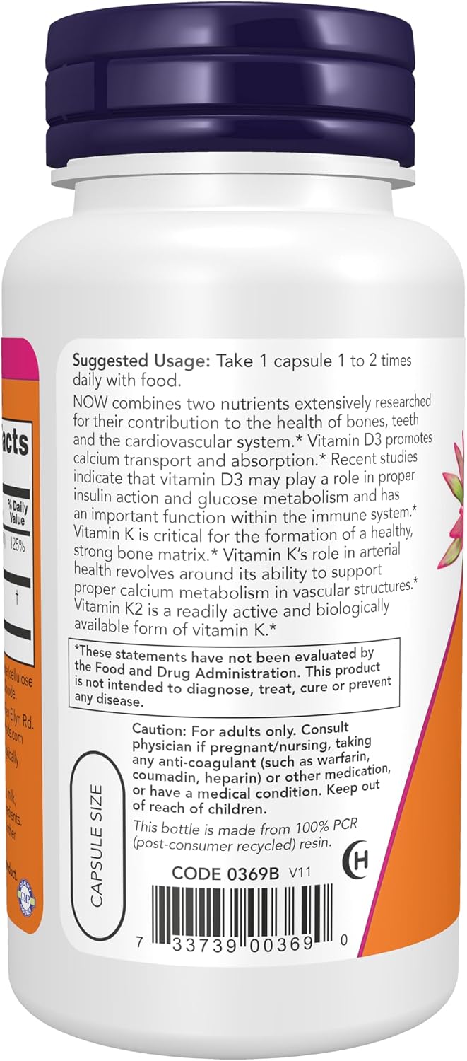 NOW Foods Vitamina D-3 y K-2, 120 Cápsulas Veganas