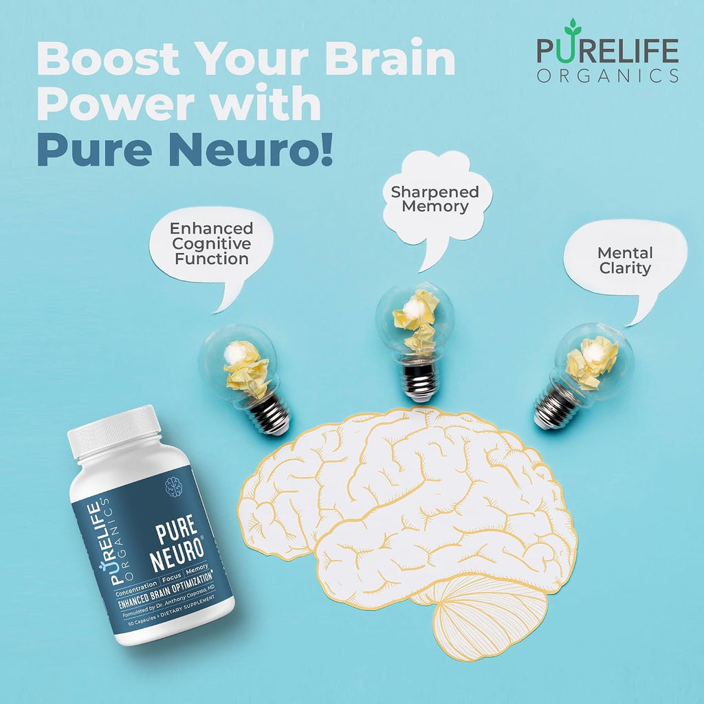 PureLife Organics Pure Neuro – Complemento para Eliminar la Niebla Mental, Apoyo a la Memoria y Enfoque – 60 Cápsulas Veganas y Sin Gluten – Fórmula del Doctor
