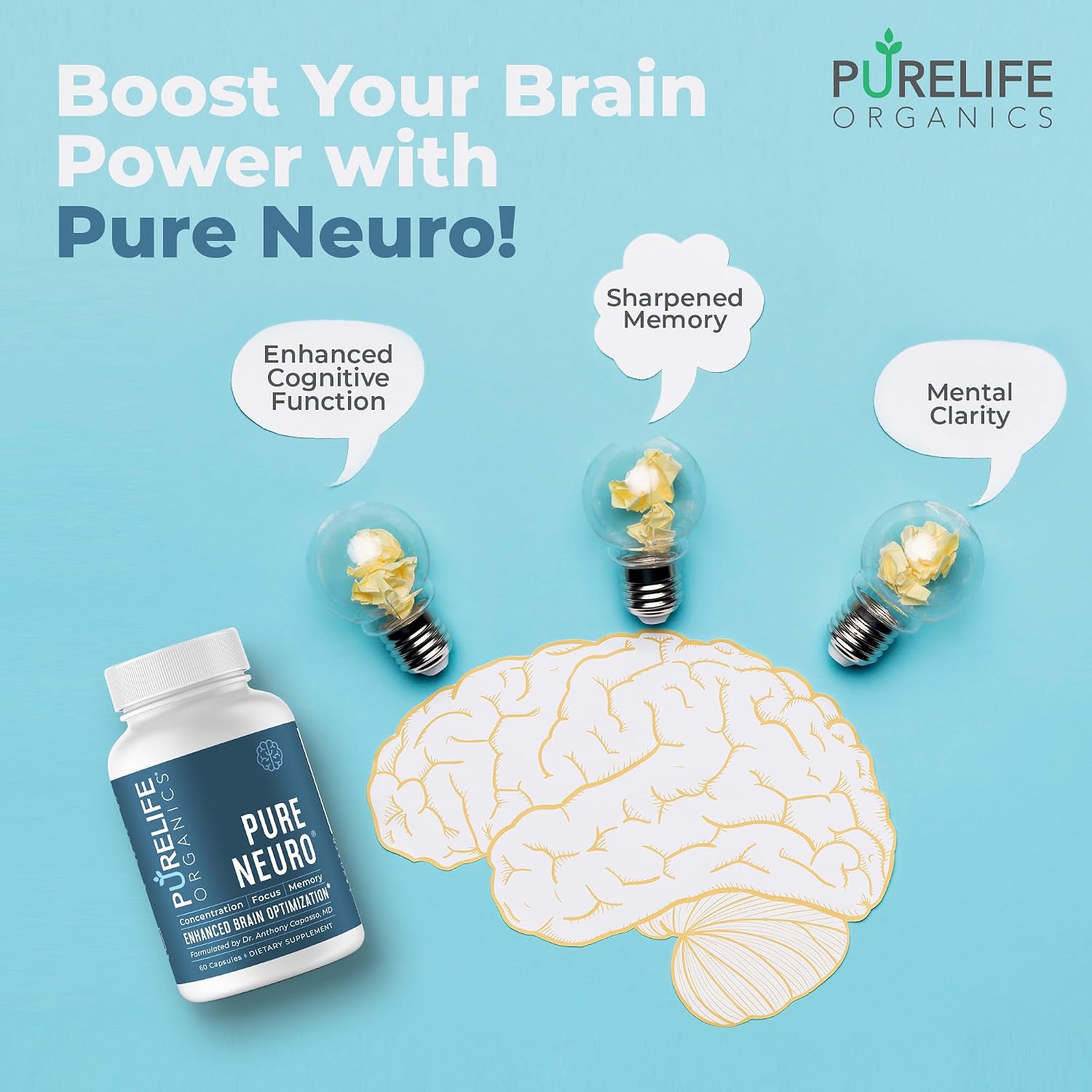 PureLife Organics Pure Neuro – Complemento para Eliminar la Niebla Mental, Apoyo a la Memoria y Enfoque – 60 Cápsulas Veganas y Sin Gluten – Fórmula del Doctor