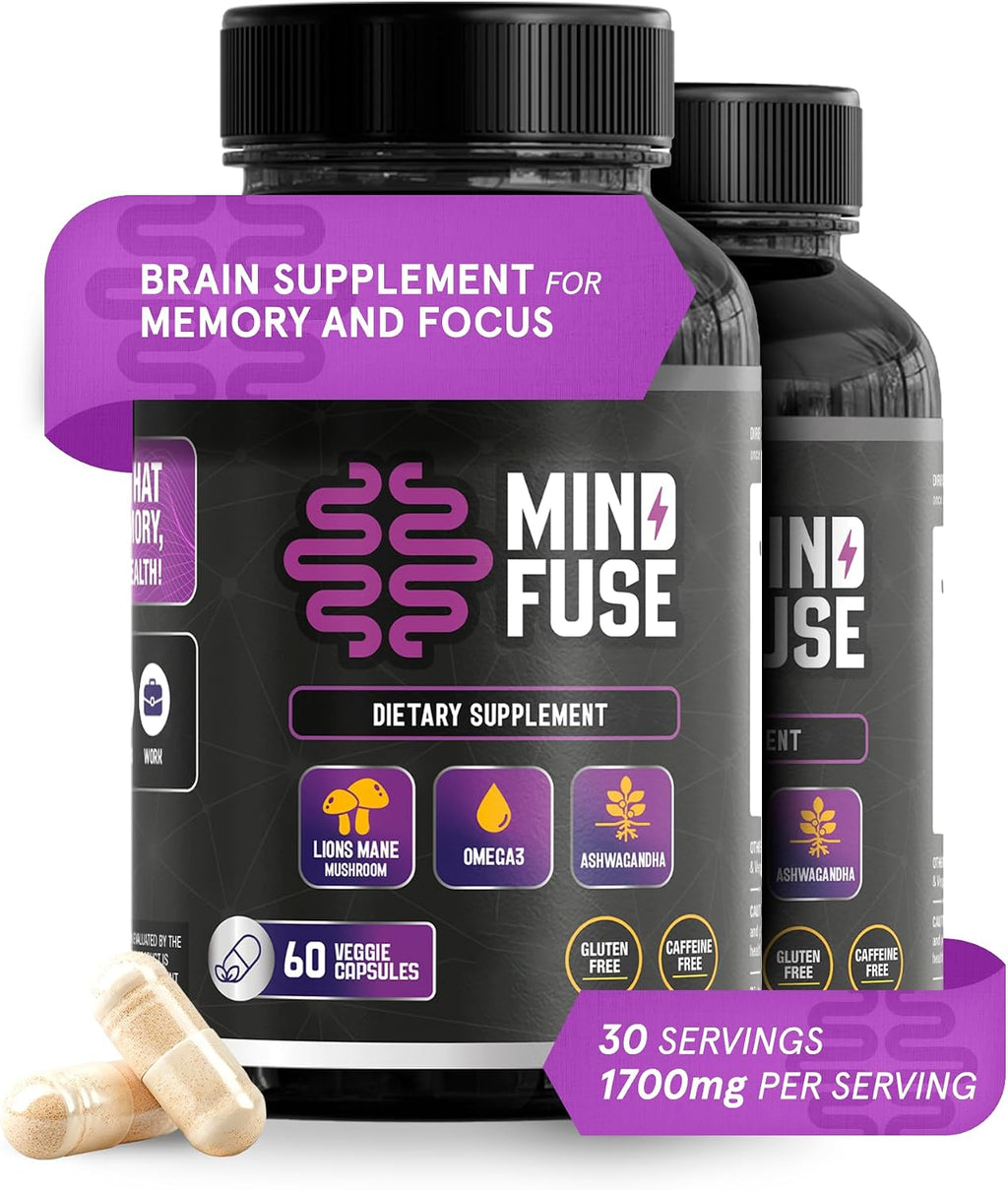 Mind Fuse Nootropic Memory Booster - Cápsulas de Lion's Mane con Omega-3, Ashwagandha y L-Theanine para el Enfoque y la Memoria - Sin Gluten 60 Cápsulas