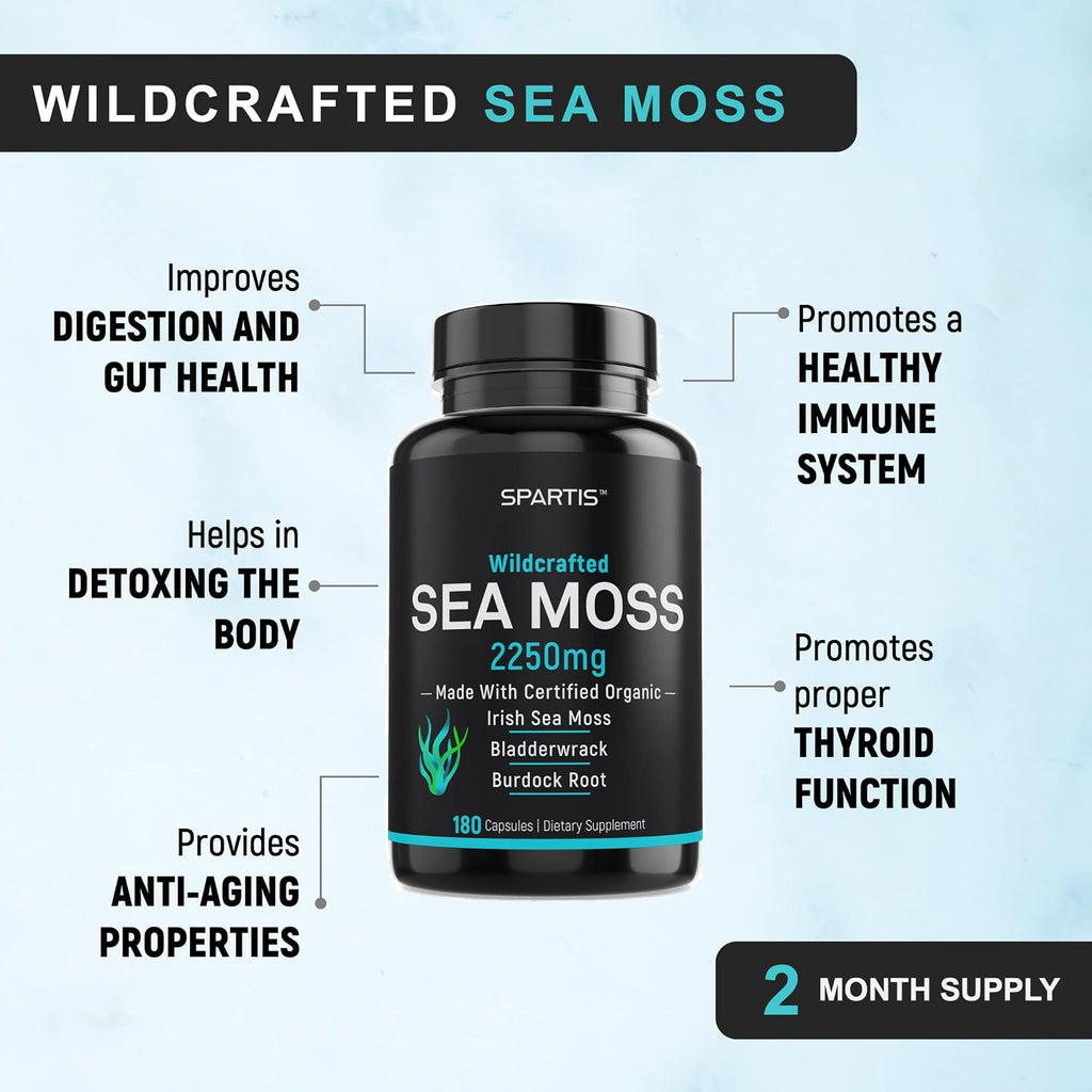 Certified Organic Sea Moss Capsules 2250mg - Wildcrafted Irish Sea Moss, Burdock Root & Bladderwrack - 180 Cápsulas