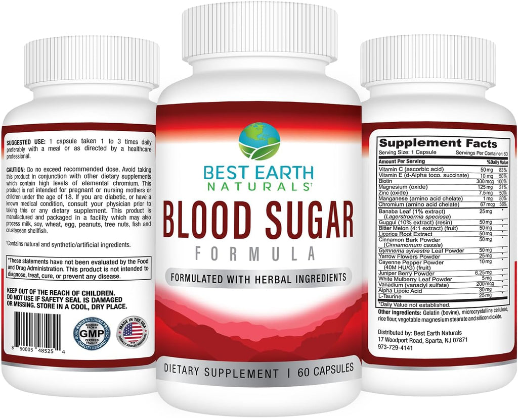 Best Earth Naturals Fórmula de Azúcar en Sangre con Canela, Gymnema Sylvestre, Banaba, Guggul y Más - 60 Cápsulas