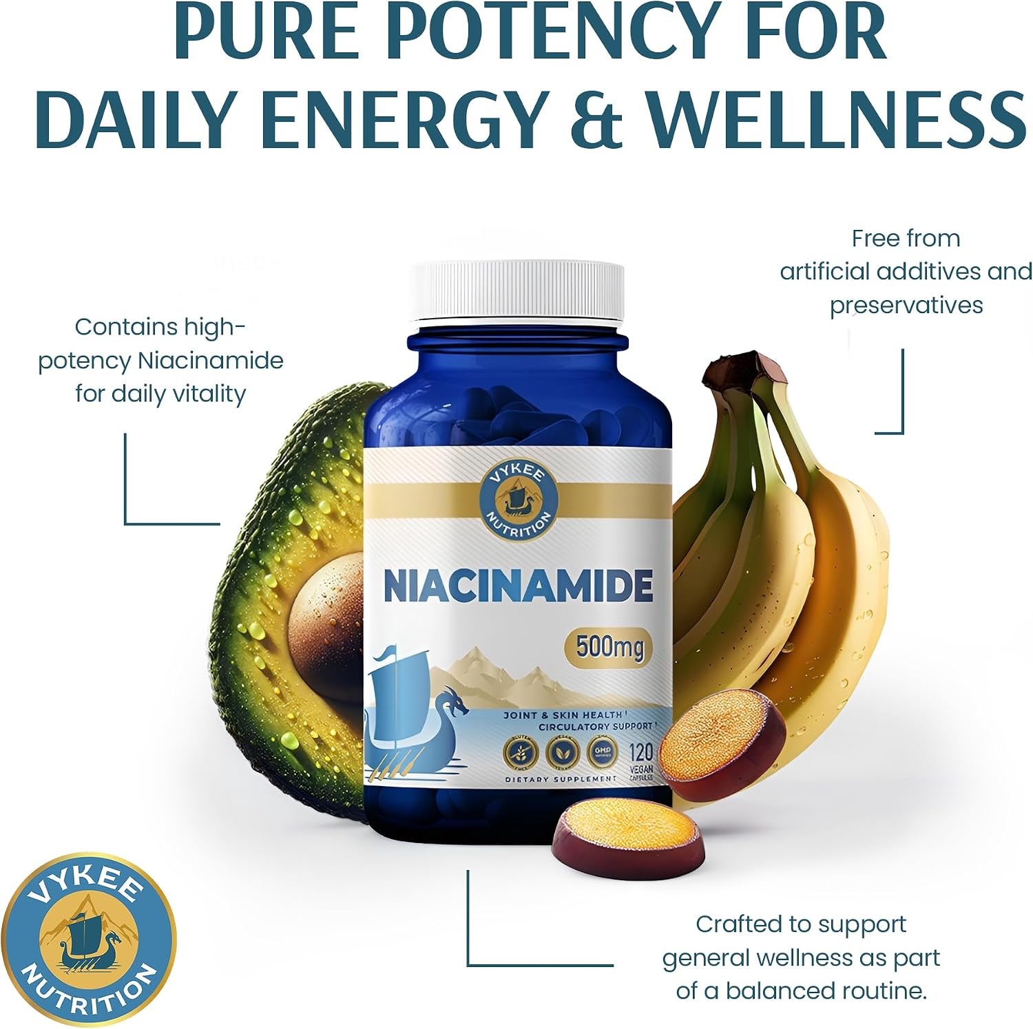 Vykee Nutrition Niacinamida 500 mg - Complemento de Vitamina B3 para el Bienestar de la Piel, Energía Celular y Apoyo Metabólico - Vegano, Sin OGM, Sin Gluten - 120 Cápsulas