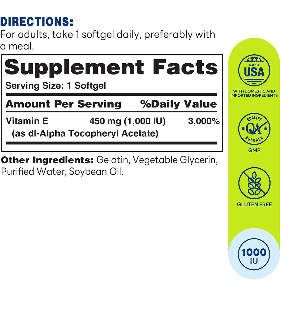 Vitamin World Vitamin E 1000 IU Softgels, 450mg dl-Alpha, 1 Softgel Daily, Supports Antioxidant Protection and Heart, Immune & Skin Health, Gluten-Free, 100 Servings
