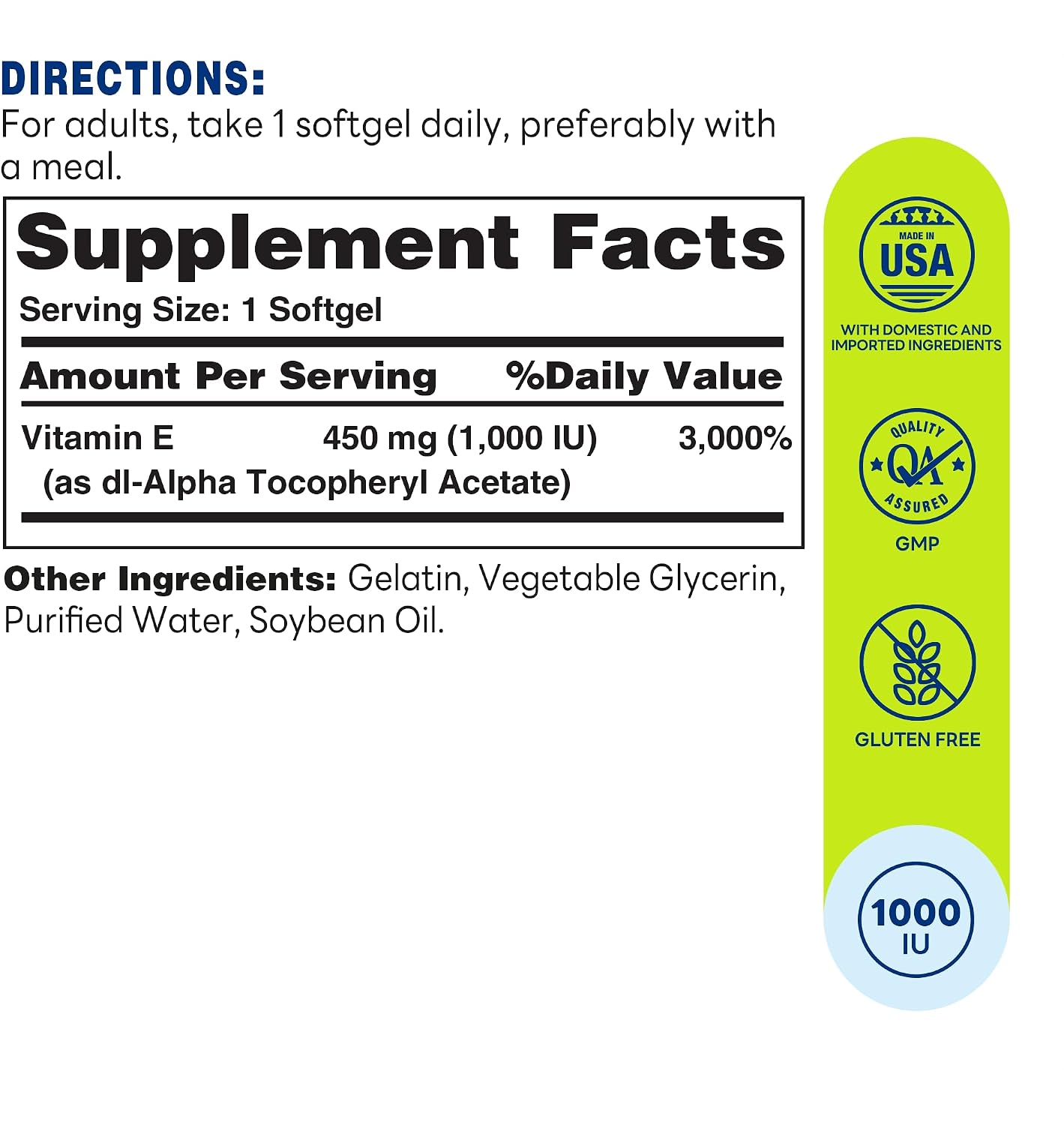 Vitamin World Vitamin E 1000 IU Softgels, 450mg dl-Alpha, 1 Softgel Daily, Supports Antioxidant Protection and Heart, Immune & Skin Health, Gluten-Free, 100 Servings