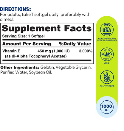 Vitamin World Vitamin E 1000 IU Softgels, 450mg dl-Alpha, 1 Softgel Daily, Supports Antioxidant Protection and Heart, Immune – Image 2