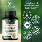 Nature's Nutrition Vitamina D3 5000 UI - 60 Cápsulas Blandas - Suplemento Extra Fuerte para Huesos, Dientes, Músculos e Inmunidad