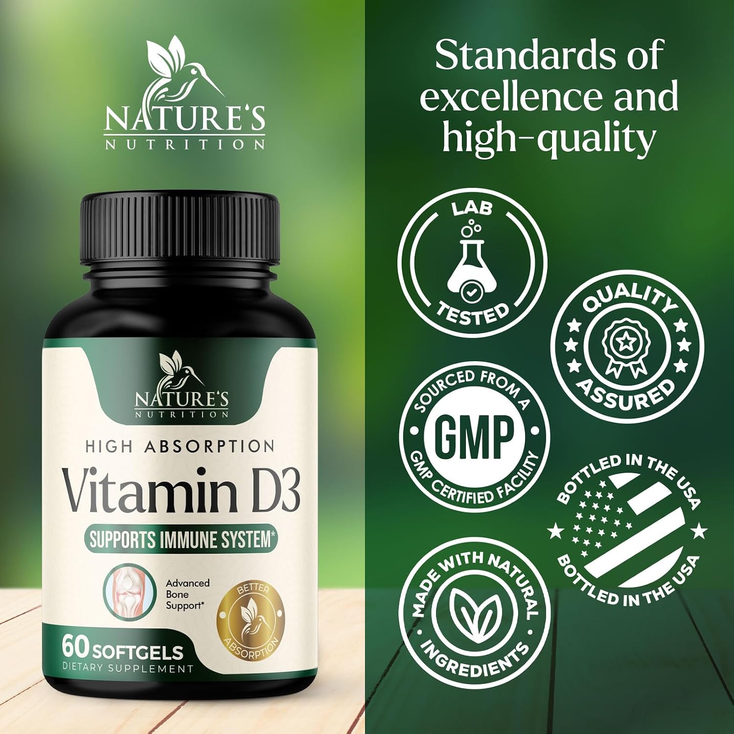 Nature's Nutrition Vitamina D3 5000 UI - 60 Cápsulas Blandas - Suplemento Extra Fuerte para Huesos, Dientes, Músculos e Inmunidad