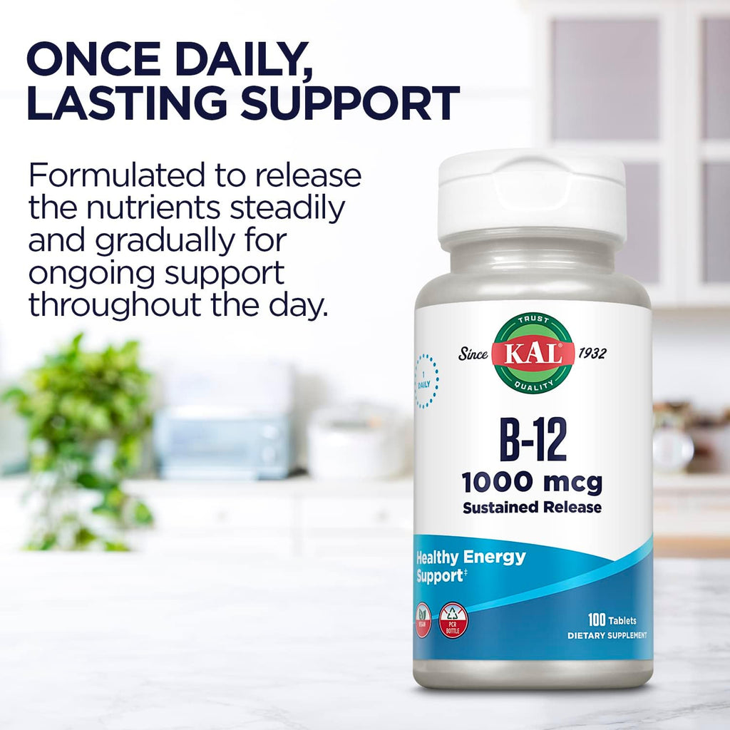 KAL Vitamina B12 1000mcg, Liberación Sostenida – Apoyo Energético y Nervioso, Vegano, 100 Comprimidos