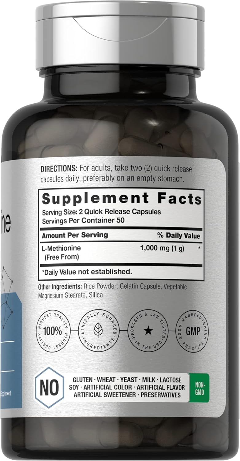 Horbäach L-Metionina 1000mg | 100 Cápsulas | No-GMO, Sin Gluten | Aminoácido Esencial