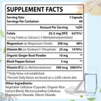 L-Metilfolato 15mg (5-MTHF) - Ácido Fólico Activo con B6 y B12 - Vegano, Sin Gluten, Sin Lácteos (60 Cápsulas)