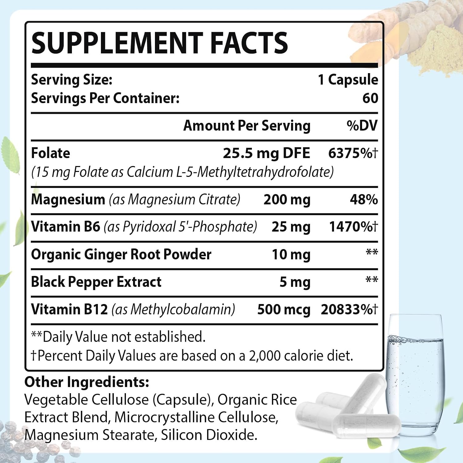 L-Metilfolato 15mg (5-MTHF) - Ácido Fólico Activo con B6 y B12 - Vegano, Sin Gluten, Sin Lácteos (60 Cápsulas)