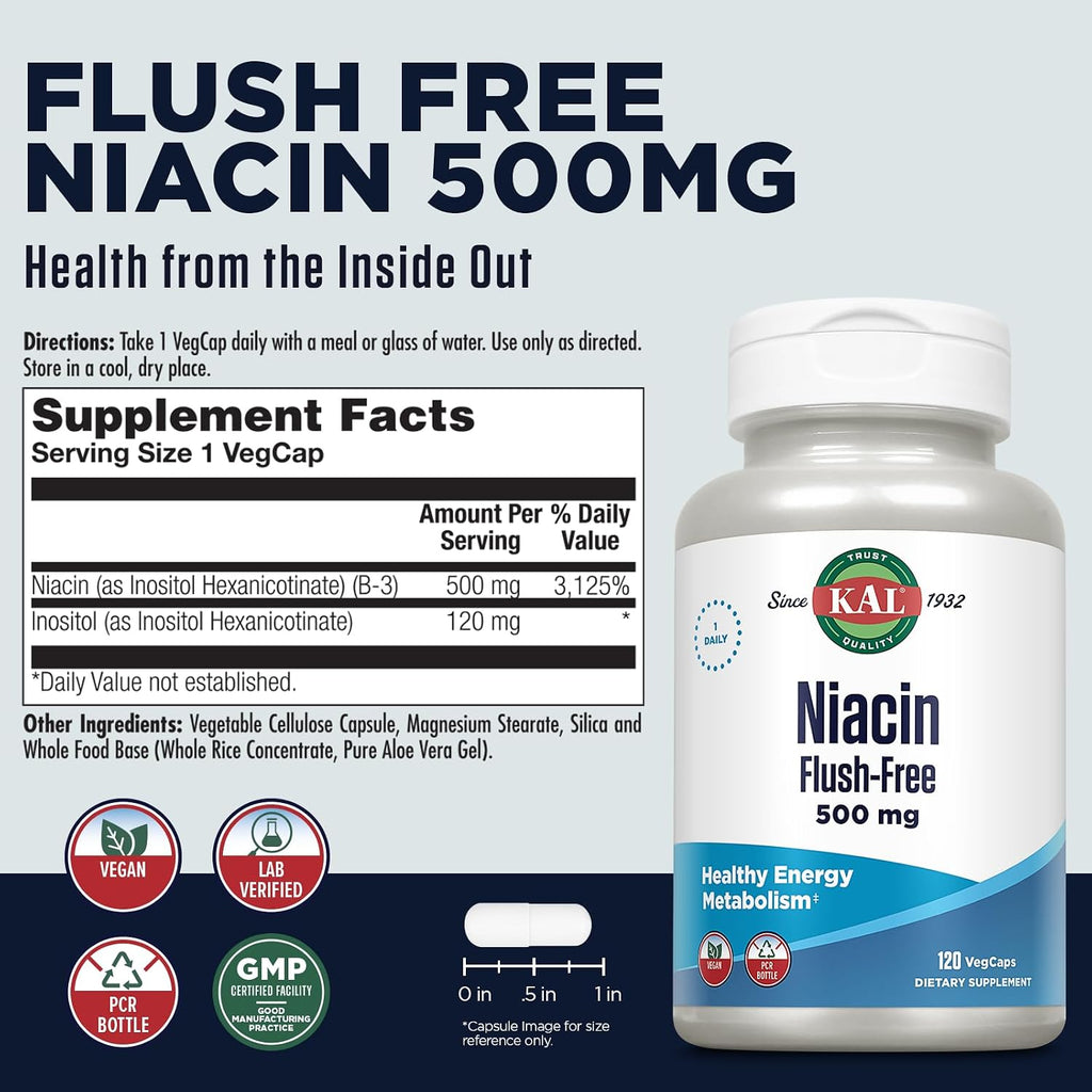 KAL Niacina Sin Enrojecimiento 500 mg, 120 Cápsulas