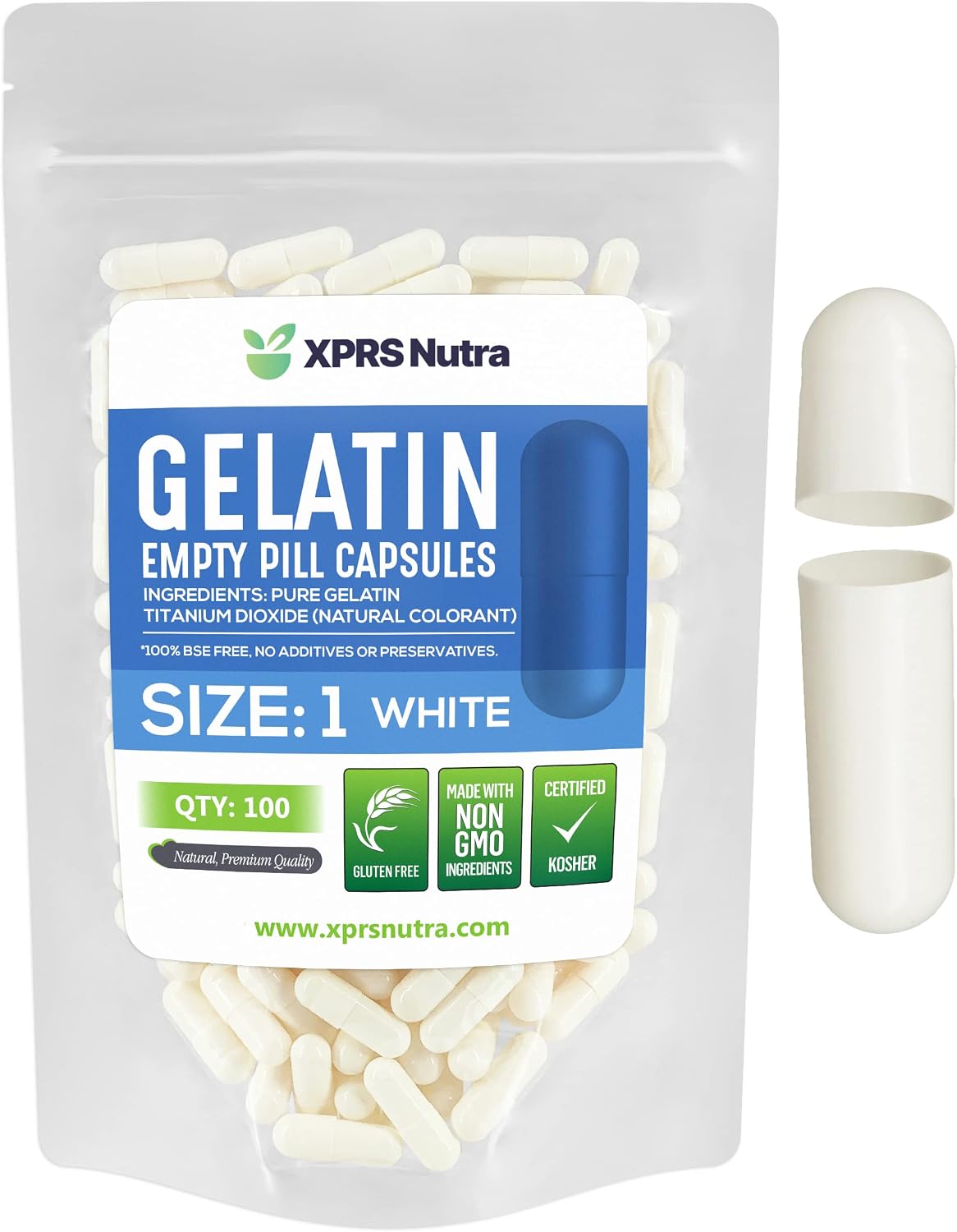 XPRS Nutra Cápsulas Vacías Tamaño 1 - 100 uds. de Gelatina Bovina para Suplementos Caseros
