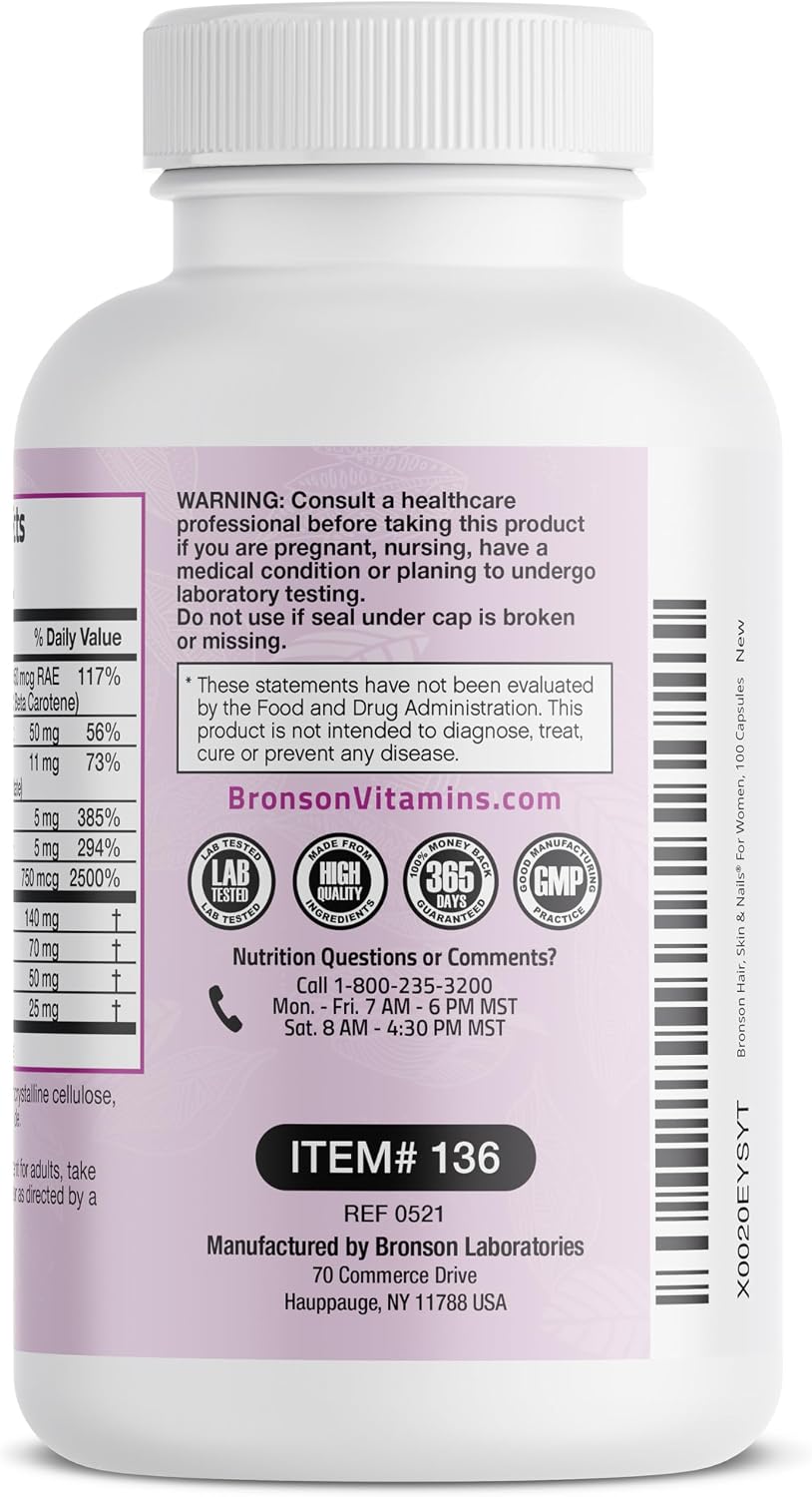 Bronson Hair, Skin & Nails con Biotina Extra Fuerte - 100 Cápsulas