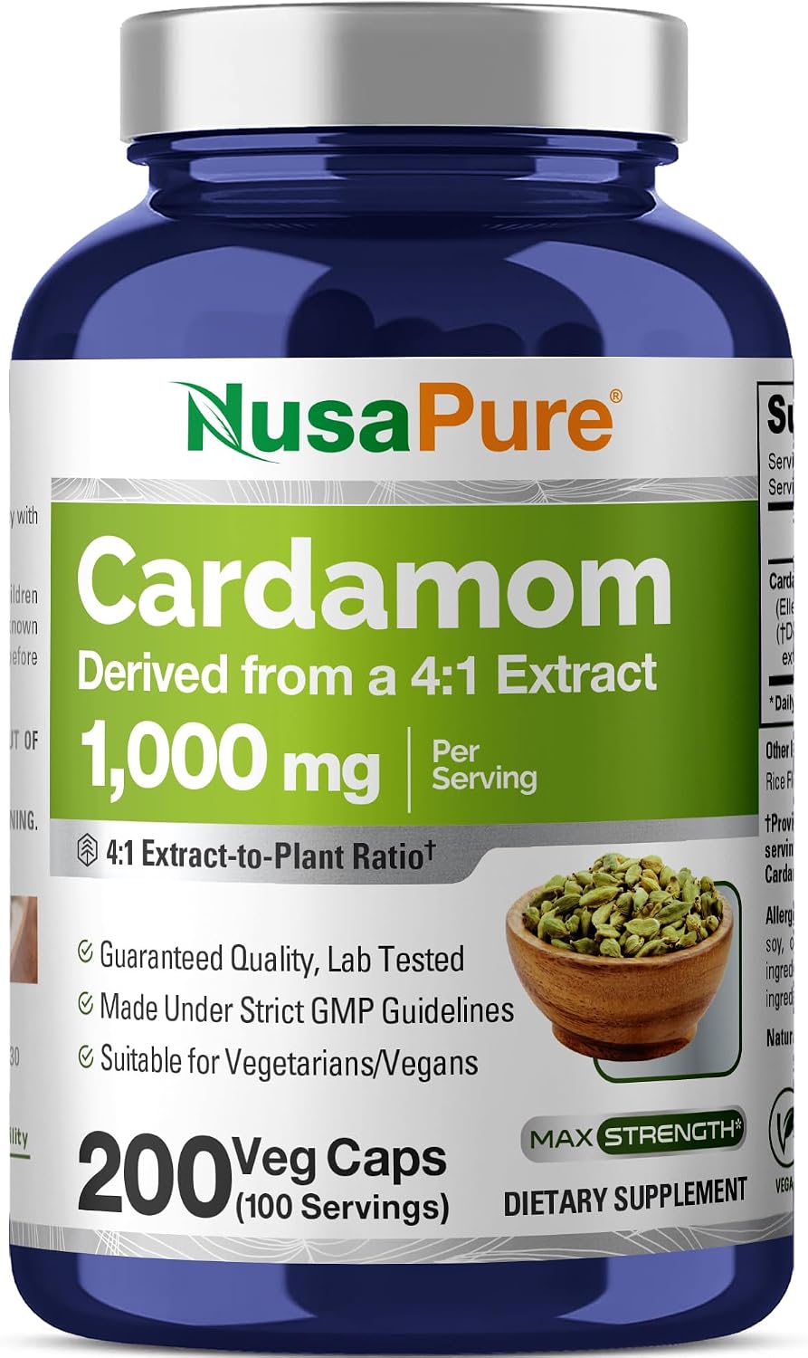 NusaPure Cápsulas de Cardamomo, 1000 mg, 200 Cápsulas Veganas (No OGM, Vegano)