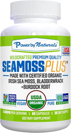 Power By Naturals Sea Moss Plus – Cápsulas Orgánicas de Musgo Irlandés con Bladderwrack y Raíz de Bardana – 60 Cápsulas (1 Mes)