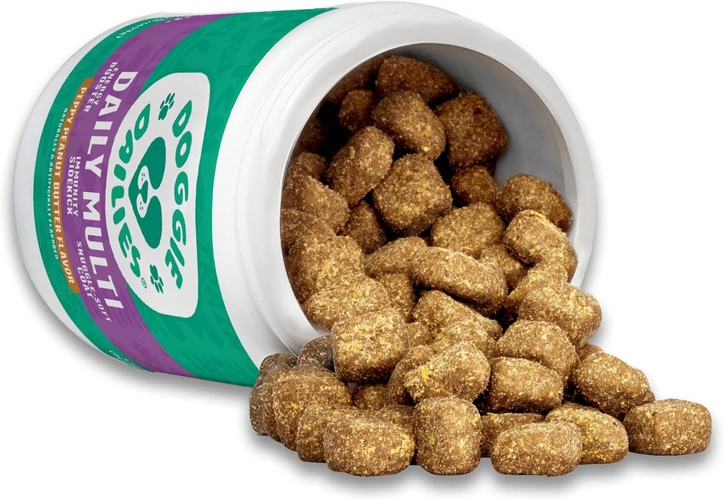 Doggie Dailies 5 en 1 Multivitamínico para Perros, 225 Golosinas Blandas Sabor Mantequilla de Maní