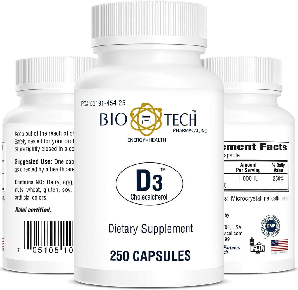 Bio-Tech Pharmacal Vitamin D3 (1000 IU), 250 Capsules