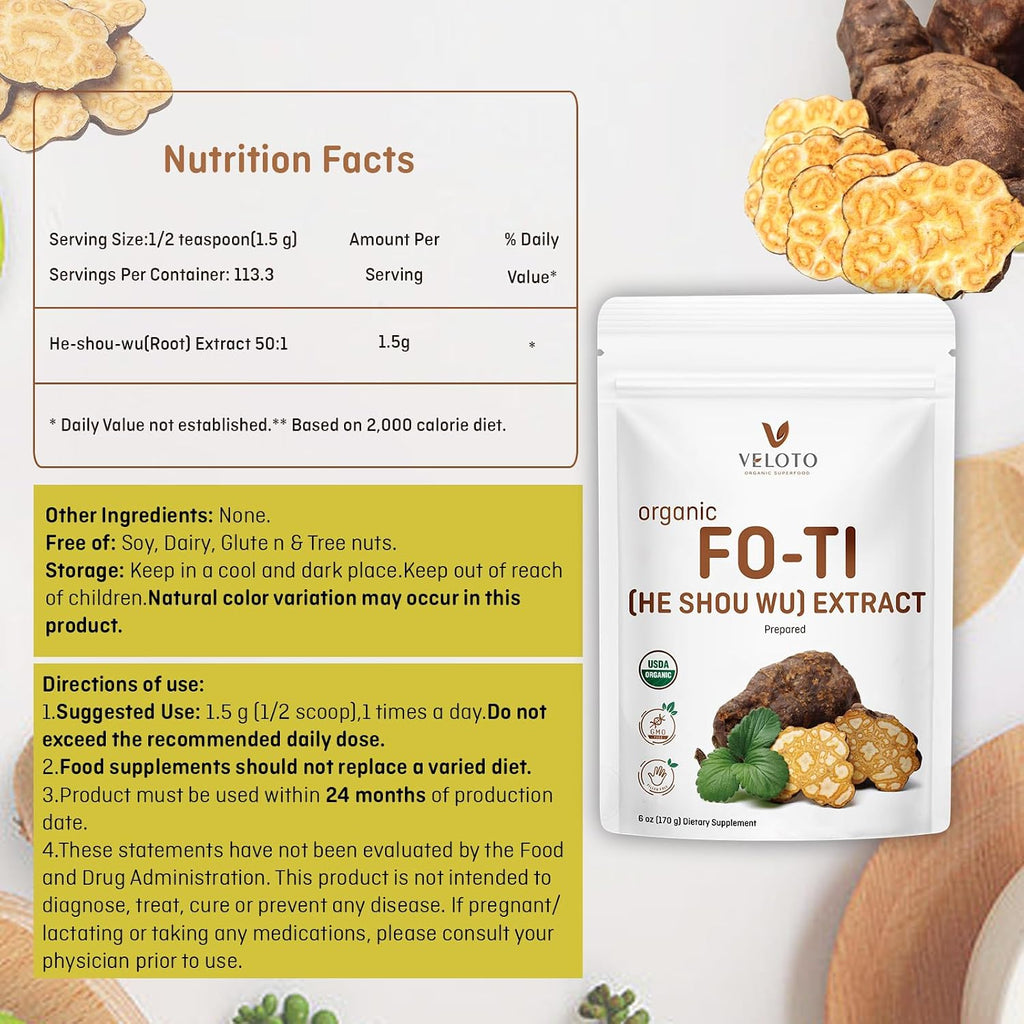 VELOTO Extracto Orgánico de He Shou Wu en Polvo 50:1 – Suplemento Herbal Puro de Fo-Ti, Sin Rellenos, Vegano, Tradicionalmente Usado para Cabello, Vitalidad y Antioxidante (170g)