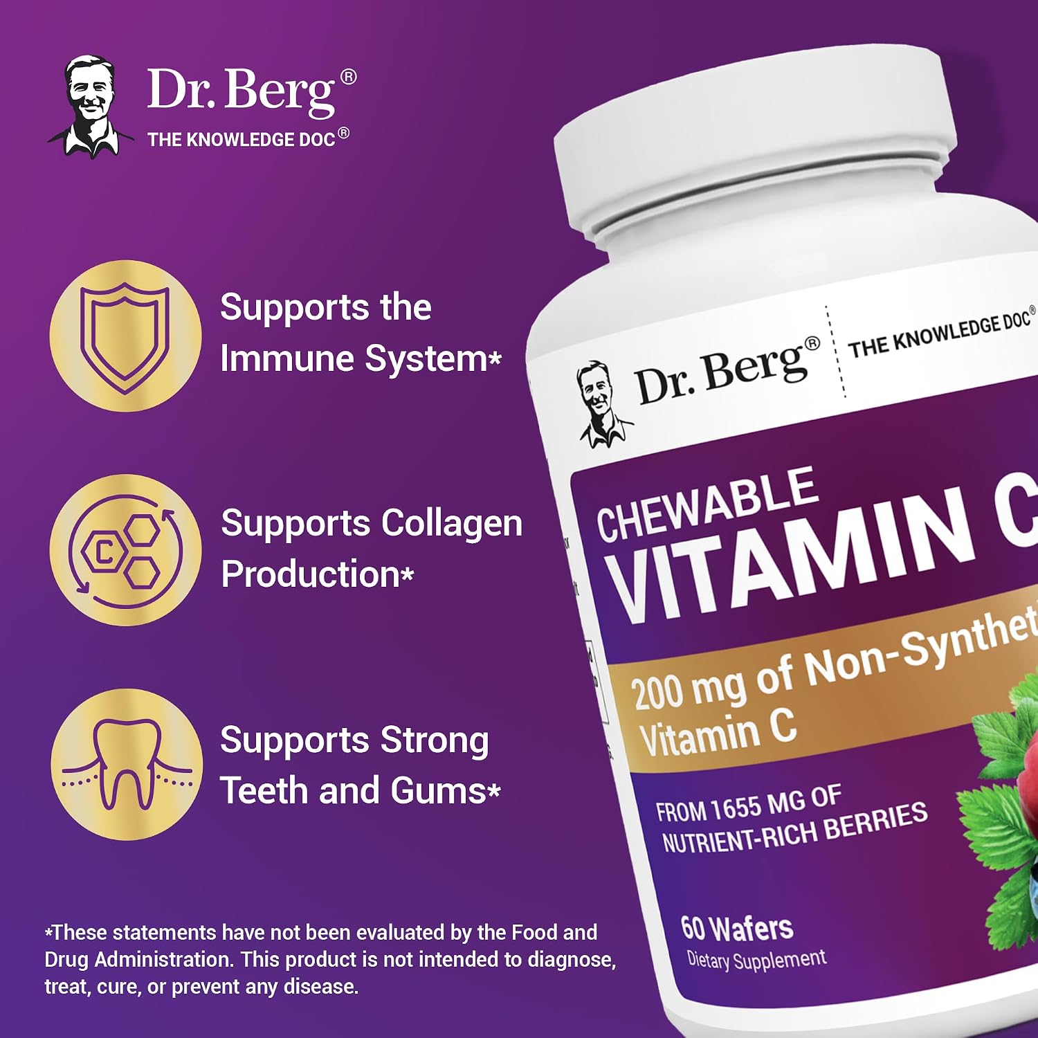 Dr. Berg Complejo de Vitamina C Masticable - Elaborado con Bayas Orgánicas No-GMO - 60 Deliciosas Pastillas