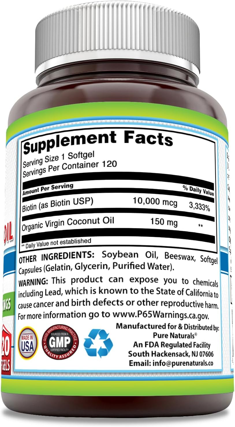 Pure Naturals Biotin 10000 mcg con Aceite de Coco Virgen Extra - 120 Cápsulas Blandas