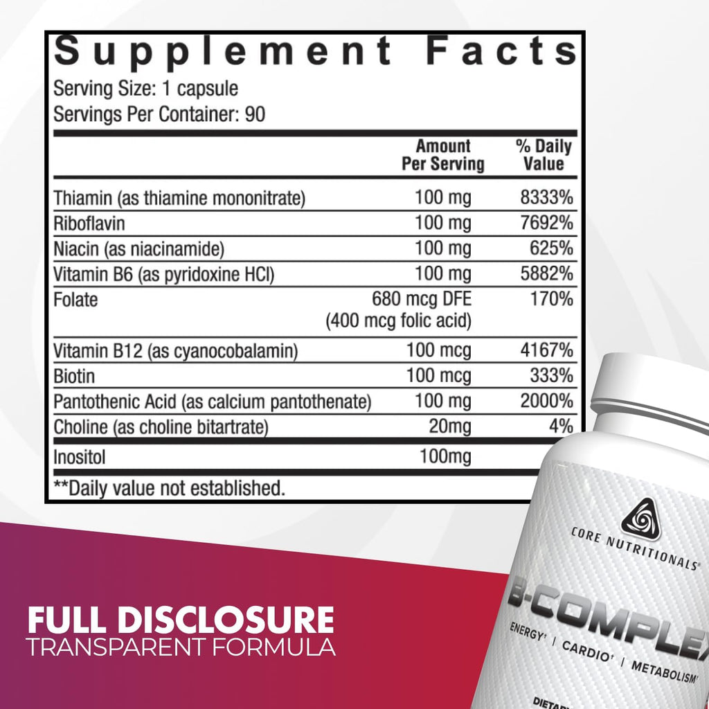 Core Nutritionals B Complex | Complejo B 8 Vitaminas + Colina e Inositol | 90 Cápsulas