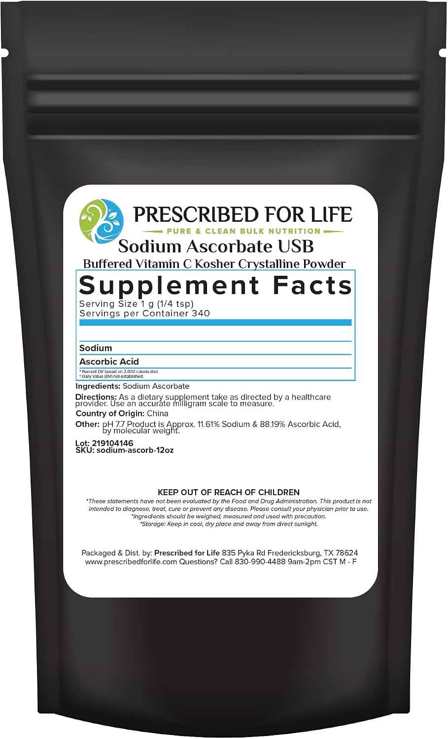 Prescribed For Life Ascorbato Sódico en Polvo, Vitamina C Tamponada USP Natural – 10 kg (22 lb)