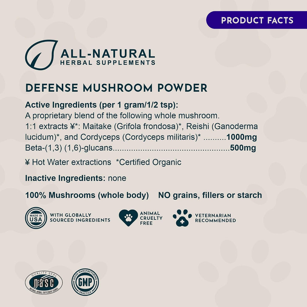 Animal Essentials MUSHROOM DEFENSE - Suplemento de setas para perros y gatos, extracto en polvo, 70g