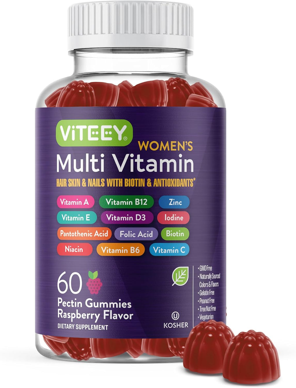 Viteey Gominolas Multivitamínicas para Mujeres - 12 Vitaminas y Minerales Esenciales - Sabor Frambuesa - 120 Gominolas