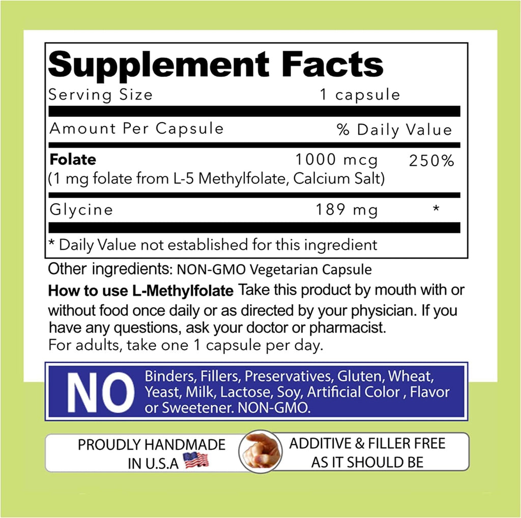 Our Daily Vites L-Metilfolato 1 mg (1000 mcg) - Folato Activo 5-MTHF - 270 Cápsulas Vegetales