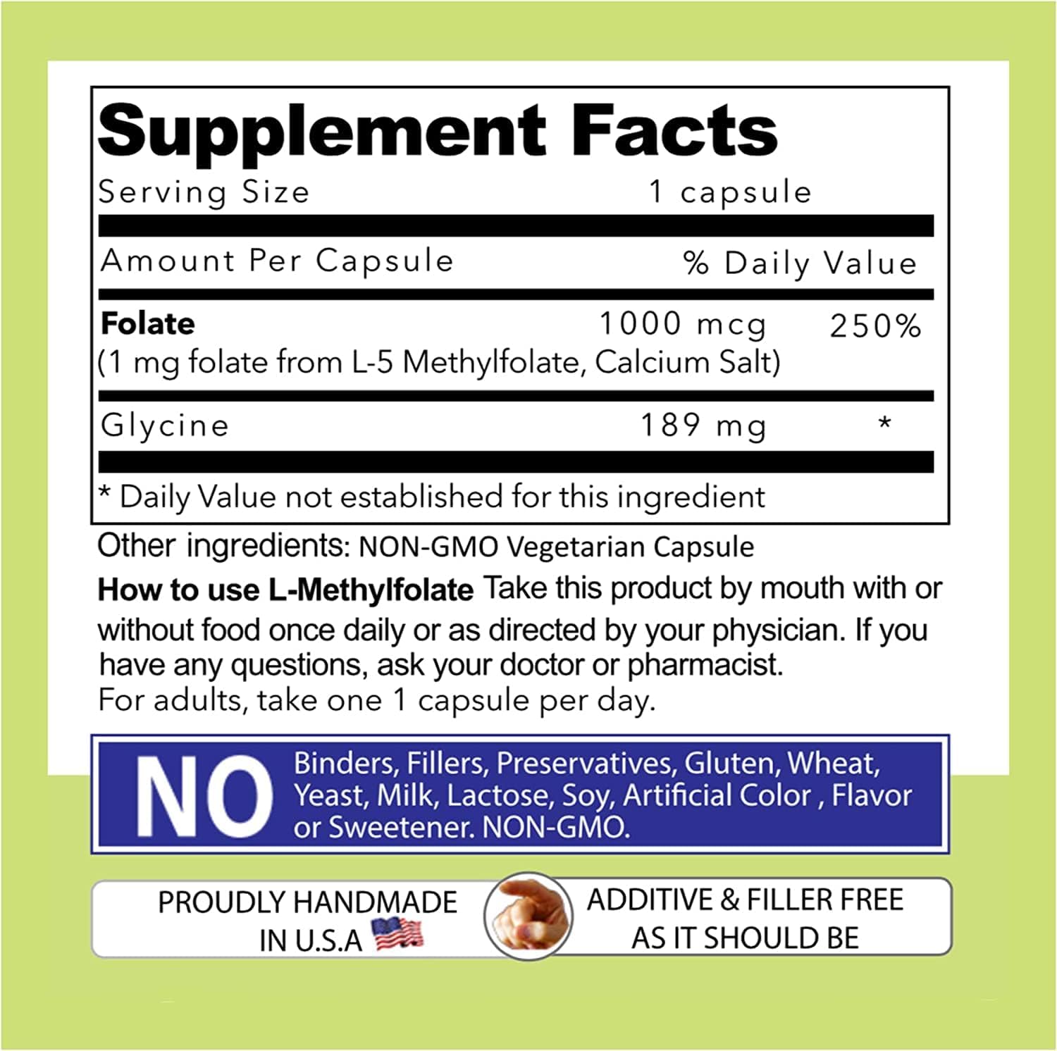Our Daily Vites L-Metilfolato 1 mg (1000 mcg) - Folato Activo 5-MTHF - 270 Cápsulas Vegetales