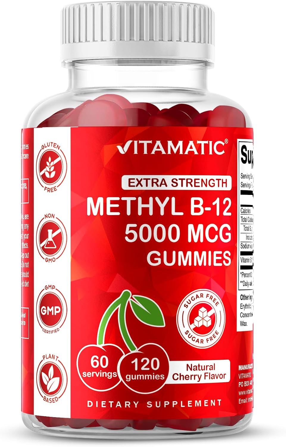 Vitamatic Vitamina B12 5000 mcg (Metilcobalamina) Gominolas - 120 unidades - Apoyo al Metabolismo Energético y Salud del Sistema Nervioso, Sabor Natural a Cereza