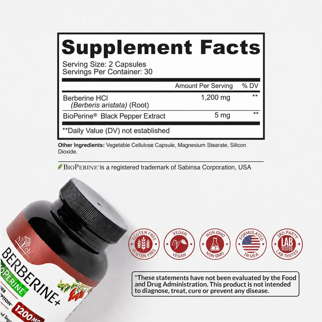 Suplemento de Berberina 1200 mg - 5x Mayor Absorción con BioPerine - Berberina HCL Ultra Pura 98% - 60 Cápsulas Veganas